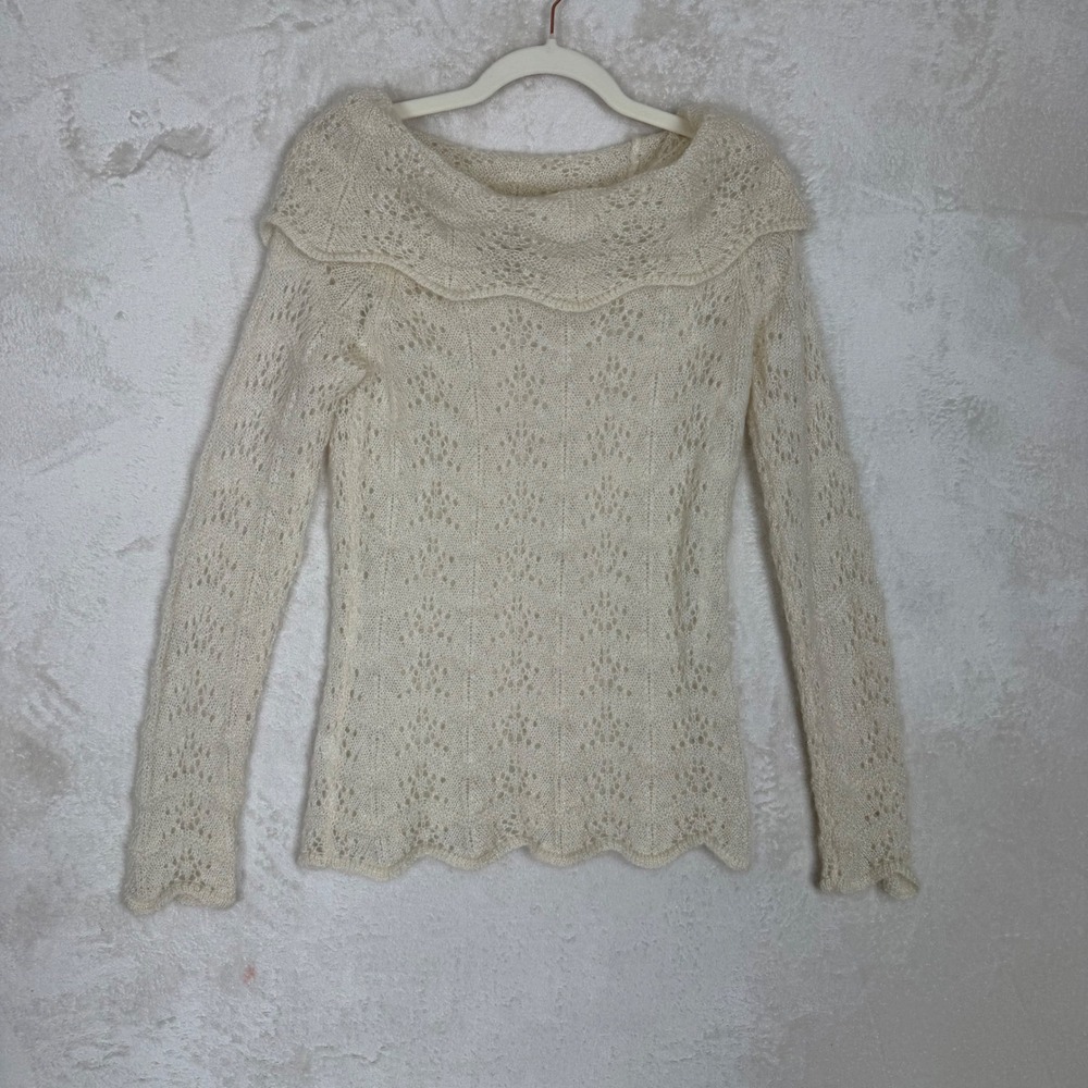 Mohair Wool Pontelle Knit Off Shoulder Sweater Cream Boho Cottagecore Soft